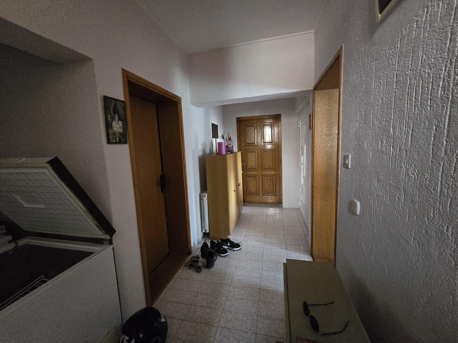 Hodnik iz drugog ugla, ulaz u garažu i sobu, zamrzivač